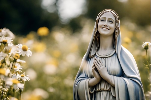 Beeld van Maria met gevouwen handen tussen witte en gele bloemen in een groene tuin.