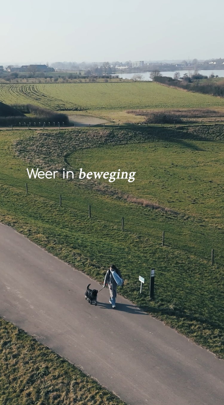 Luchtfoto van een wandelaar met hond op een dijkweg langs de Maas, met een historische windmolen en uitgestrekte velden in Midden-Limburg, met de tekst “Weer in beweging”.