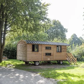 Houten pipowagen met trap bij CityKamp Valkenburg-Maastricht, gelegen op een groene kampeerplek tussen hoge bomen en grasvelden.