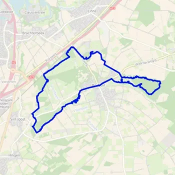 Uitsnede van een kaart van Hart van Limburg met daarop de mountainbikeroute Montfort uitgelicht als blauwe lijn.