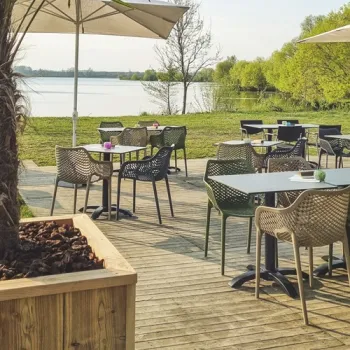 Terras van Frends Beach aan het water, met palmbomen, parasols en uitzicht over de Maasplassen.