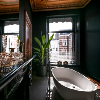Stijlvolle badkamer in Boutique Hotel N10 in Roermond met vrijstaand bad, donkere kleuren en uitzicht op de stad.