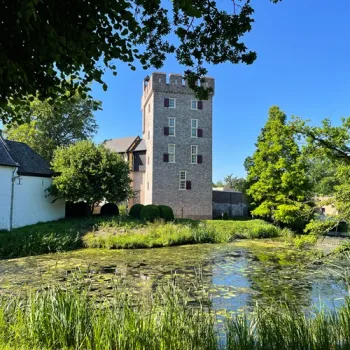 Kasteel Daelenbroeck met toren en omliggende natuur, gezien vanaf een vijver met riet en groen.