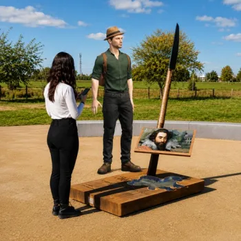 Bezoeker gebruikt de Archeo Route Limburg app bij een interactieve installatie waar virtuele archeoloog Archie verschijnt.